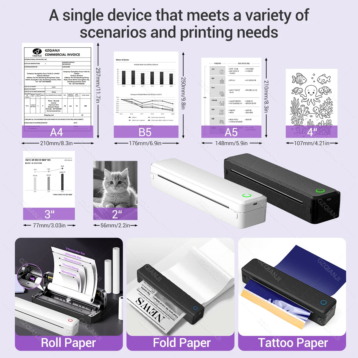 Bluetooth Inkless Portable A4 Thermal Printer
