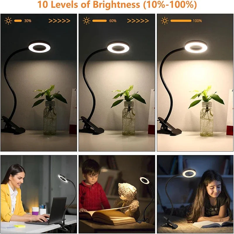 Reading Desk Lamp Bed Dimmable, 3 Modes & 10 Dimming Levels USB Clamp