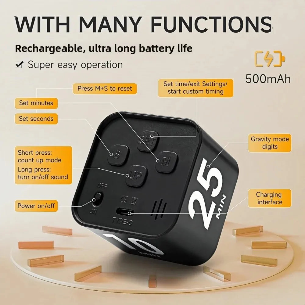 Gravity Sensor Timer Cube for Study, Visual Flip Timer with LED Screen