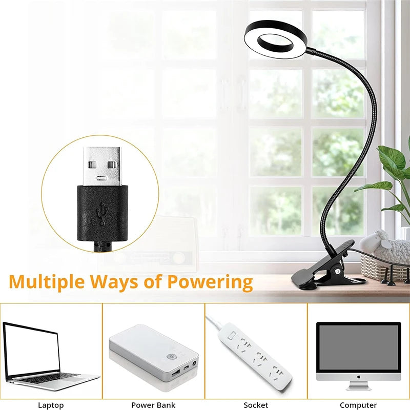 Reading Desk Lamp Bed Dimmable, 3 Modes & 10 Dimming Levels USB Clamp