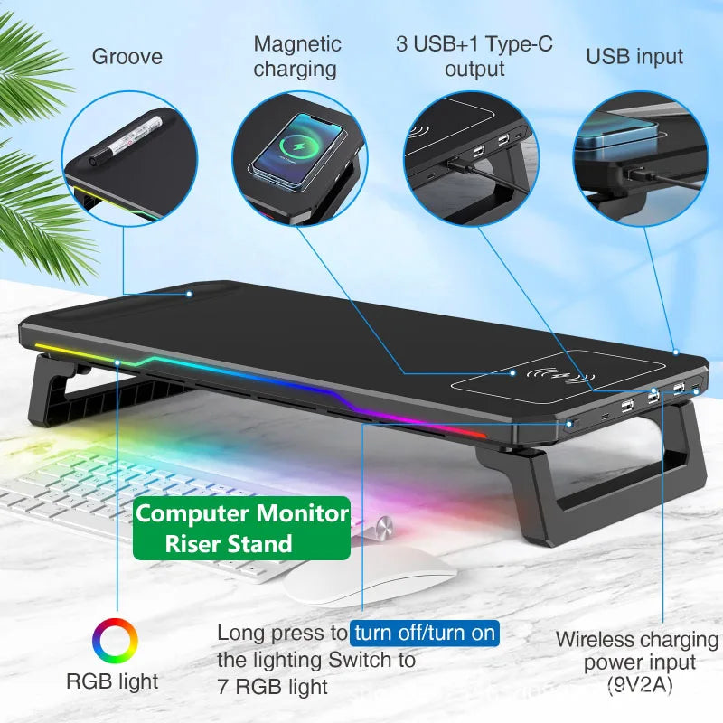Wireless Charging Computer Stand with RGB Light Monitor Stand