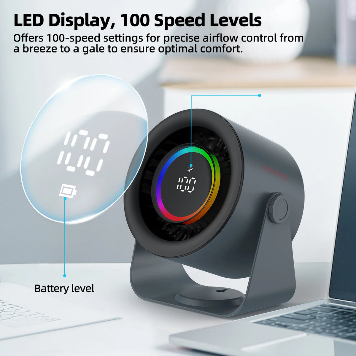 Powerful Rechargeable Turbo Fan – 100-Speed Portable Cooling Fan with LED Light