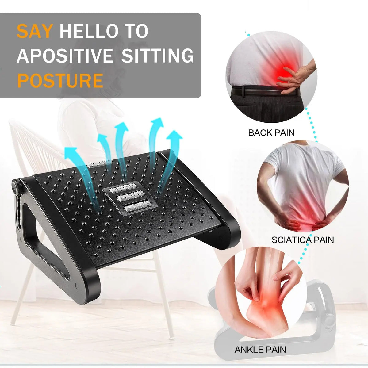 Under Desk Footrest Ergonomic Foot Stool with Massage Rollers