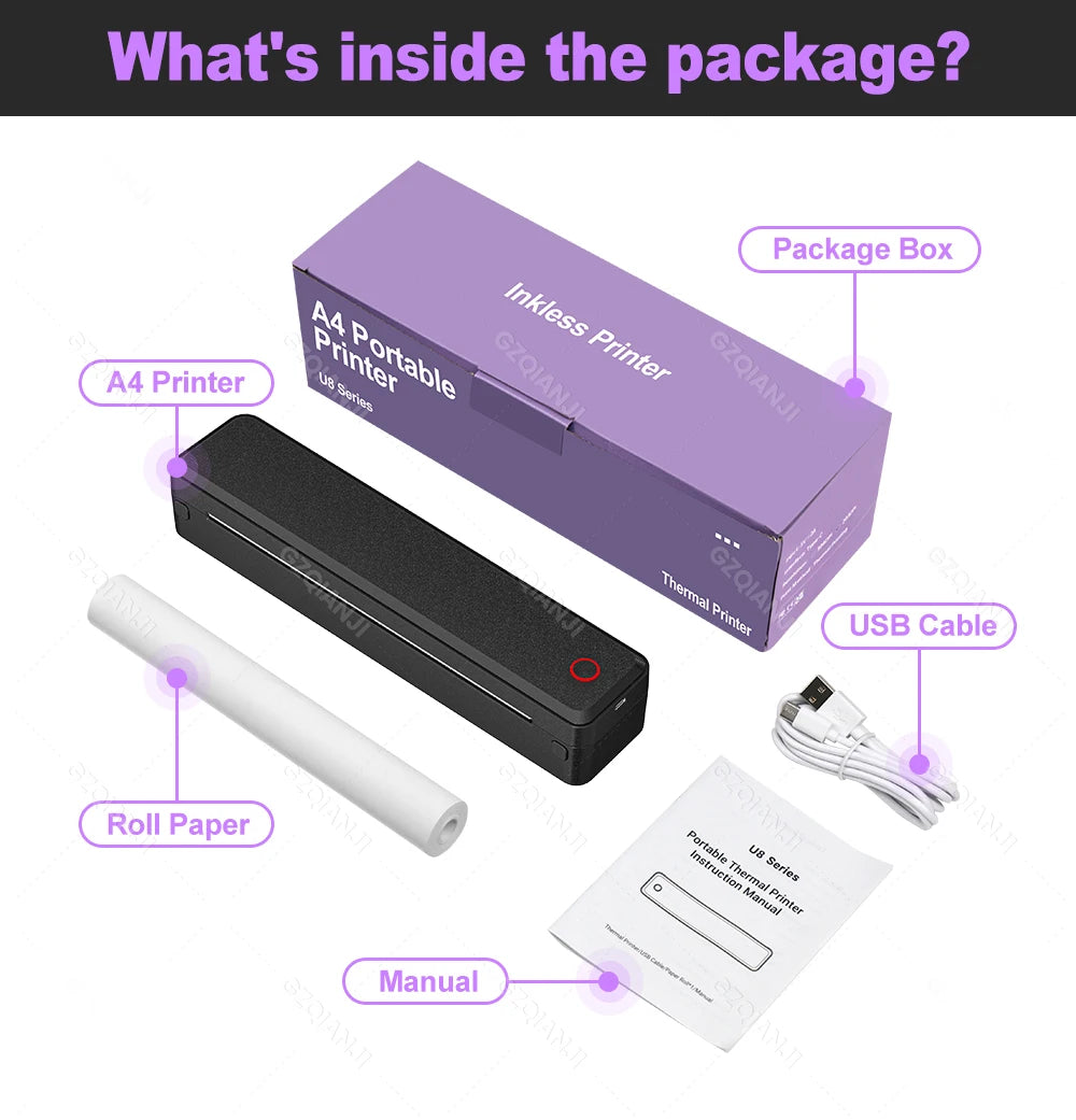 Bluetooth Inkless Portable A4 Thermal Printer