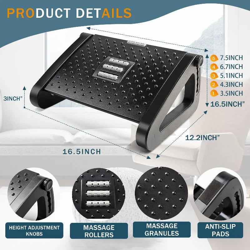Under Desk Footrest Ergonomic Foot Stool with Massage Rollers
