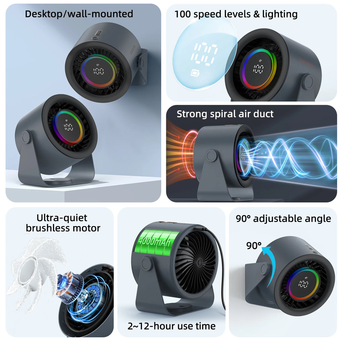 Powerful Rechargeable Turbo Fan – 100-Speed Portable Cooling Fan with LED Light
