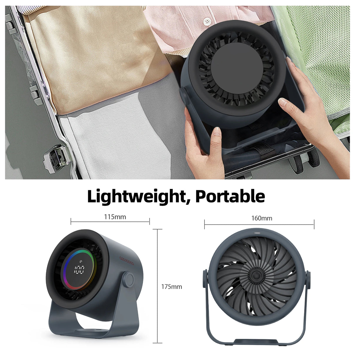 Powerful Rechargeable Turbo Fan – 100-Speed Portable Cooling Fan with LED Light