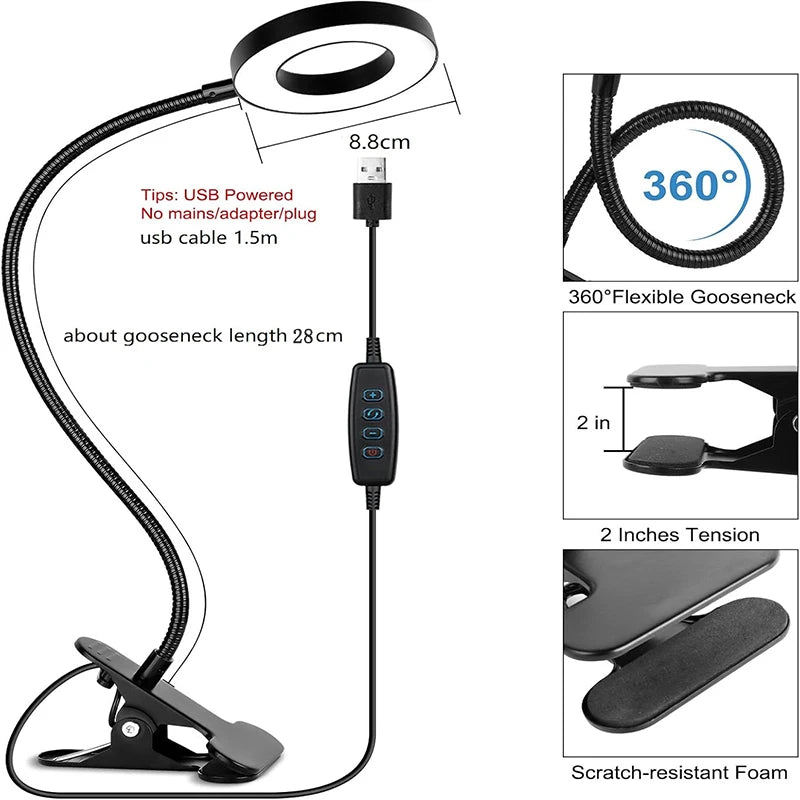 Reading Desk Lamp Bed Dimmable, 3 Modes & 10 Dimming Levels USB Clamp