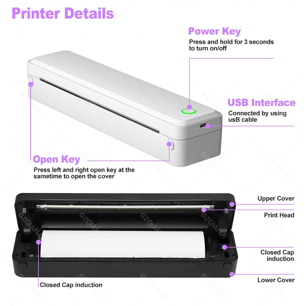 Bluetooth Inkless Portable A4 Thermal Printer