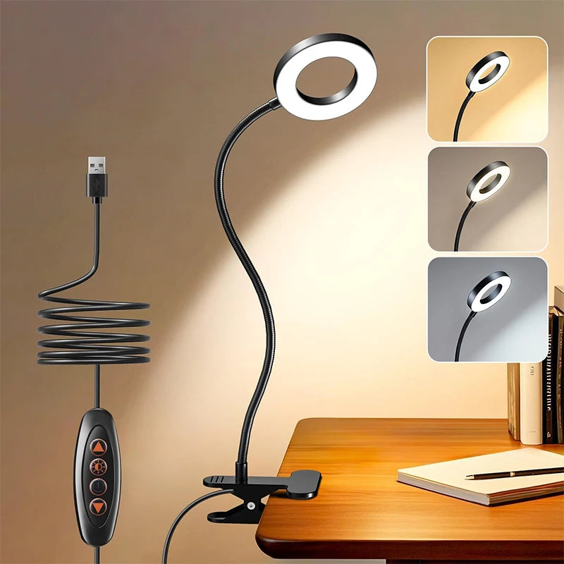 Reading Desk Lamp Bed Dimmable, 3 Modes & 10 Dimming Levels USB Clamp
