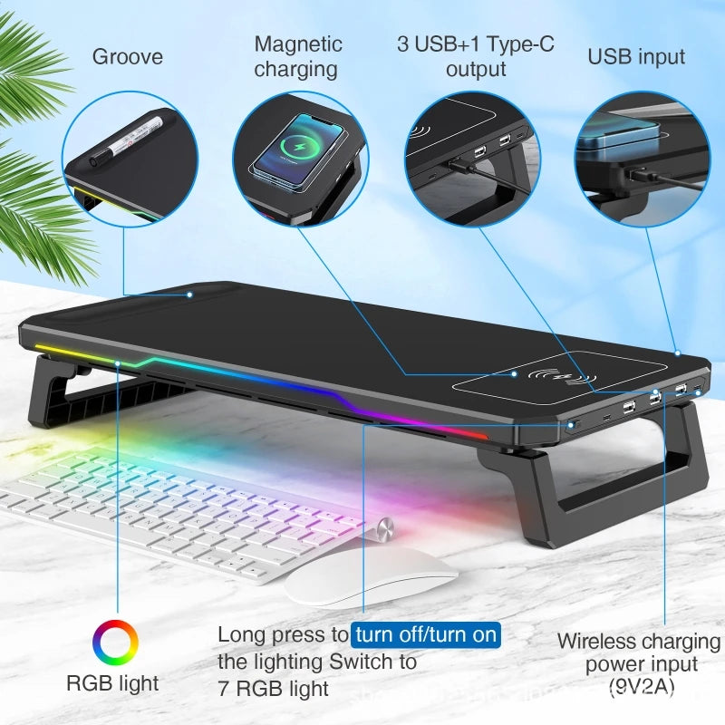 Wireless Charging Computer Stand with RGB Light Monitor Stand