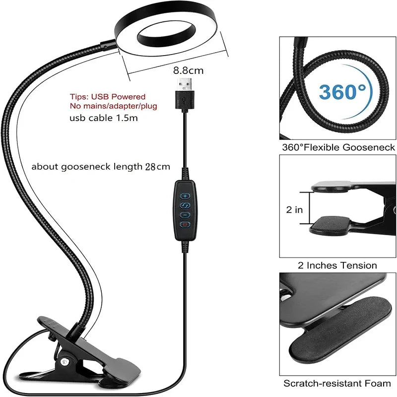 Reading Desk Lamp Bed Dimmable, 3 Modes & 10 Dimming Levels USB Clamp